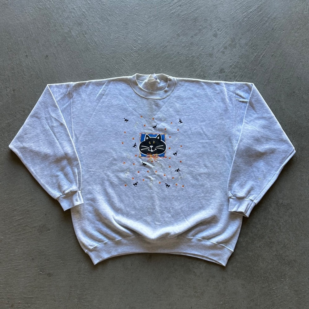 Vintage 90s Halloween Black Cat Sweatshirt Size XXL Gray Skeleton Crewneck Scary